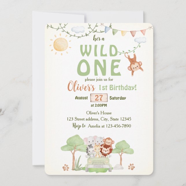 Convite Wild One Safari Photo First Birthday Invitation (Frente)