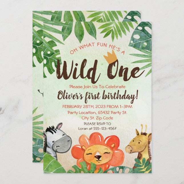 Convite Wild One, Safari Primeiro Aniversário (Frente/Verso)
