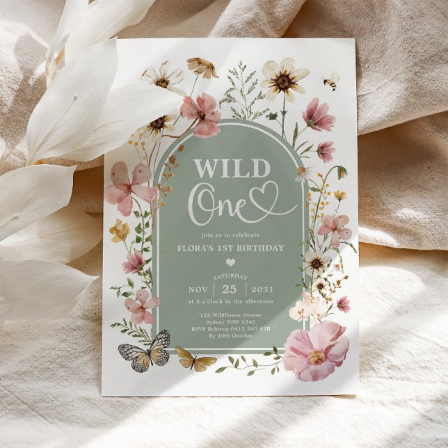 Convite Wild One: Sage Green Wildflower First Birthday (Criador carregado)