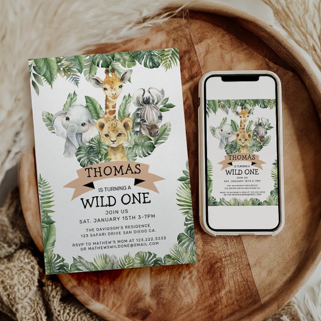 Convite Wild One Tropical Jungle Safari Birthday (Criador carregado)