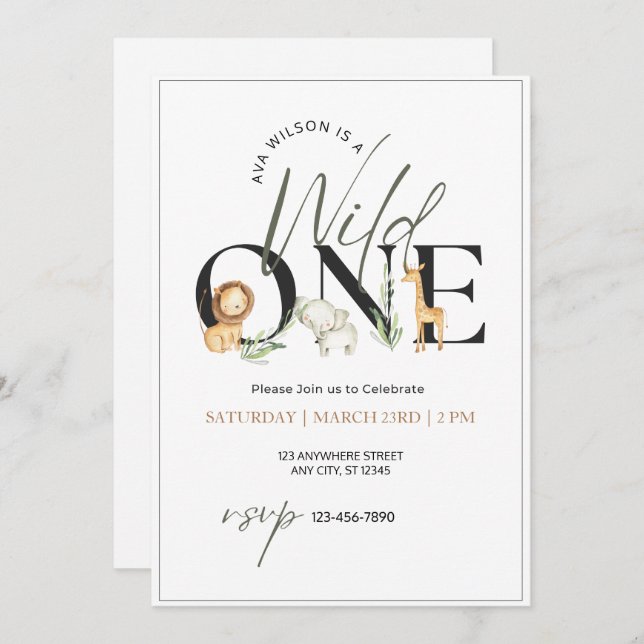 Convite Wild One Watercolor Animal Primeiro Aniversário (Frente/Verso)