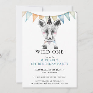 Convite Wild One Watercolor Fox Blue primeiro aniversario