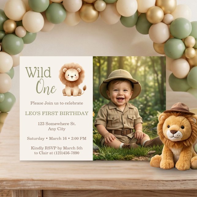 Convite Wild One Watercolor Safari Lion 1st Birthday Photo (Wild One Watercolor Safari Lion 1st Birthday Photo Invitation)