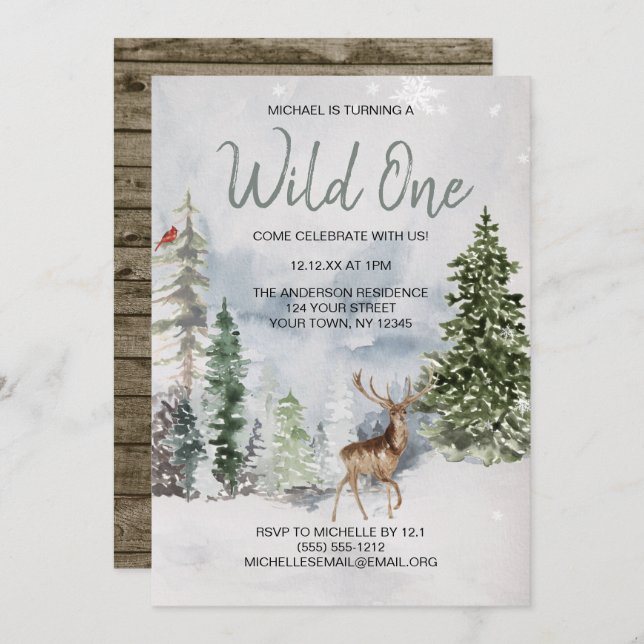 Convite Wild One Winter Woodland Deer First Birthday (Frente/Verso)