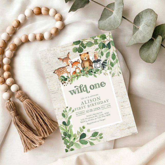 Convite Wild One Woodland Party Animals 1st Birthday (Criador carregado)