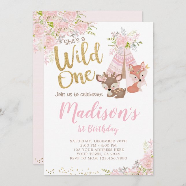 Convite Wild One, Woodland, Tribal (Frente/Verso)