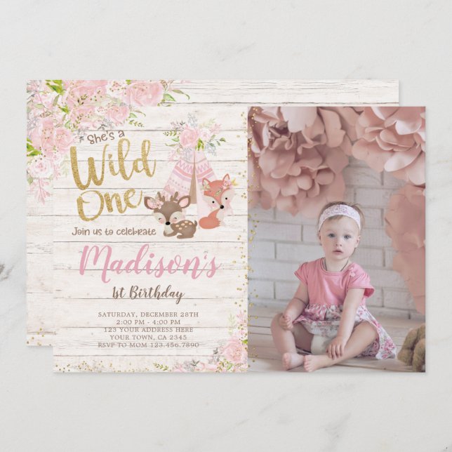 Convite Wild One, Woodland, Tribal (Frente/Verso)