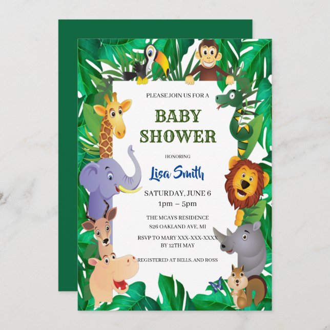 Convite Wild Safari Animal Jungle Baby Shower (Frente/Verso)