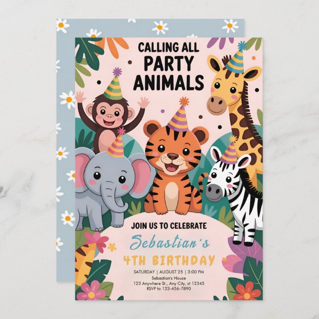 Convite Wild Safari Animals Birthday (Frente/Verso)