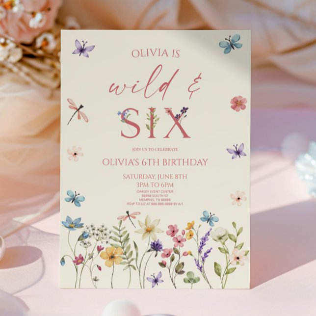 Convite Wild & Six Wildflower Floral 6th Birthday Party (Criador carregado)