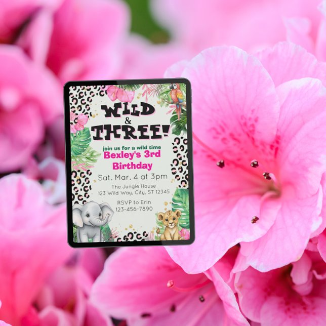 Convite Wild & Three Pink Jungle Birthday (Criador carregado)