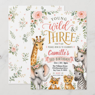 Convite Wild Three Safari Aquarela Floral 3º Aniversário