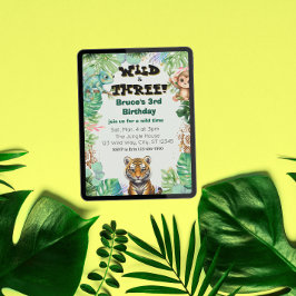 Convite Wild & Three, Watercolor Jungle Birthday