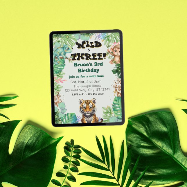 Convite Wild & Three, Watercolor Jungle Birthday (Criador carregado)
