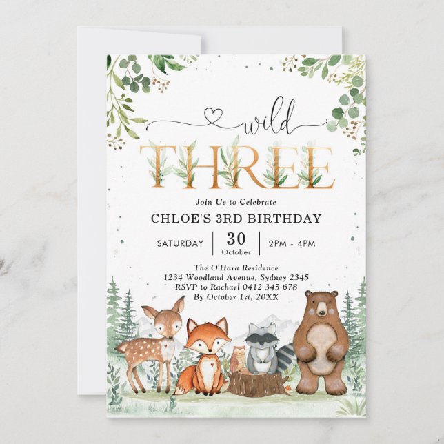 Convite Wild Three Woodland Party Animals 3rd Birthday (Frente)