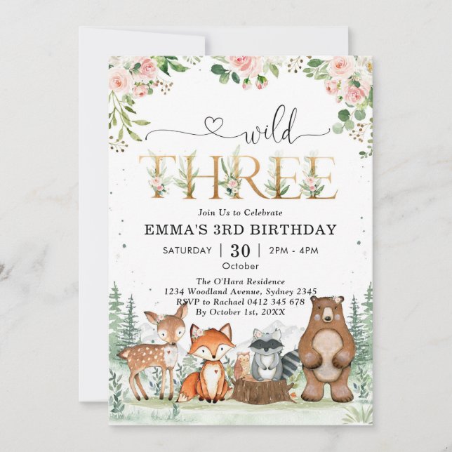 Convite Wild Three Woodland Party Animals 3rd Birthday (Frente)