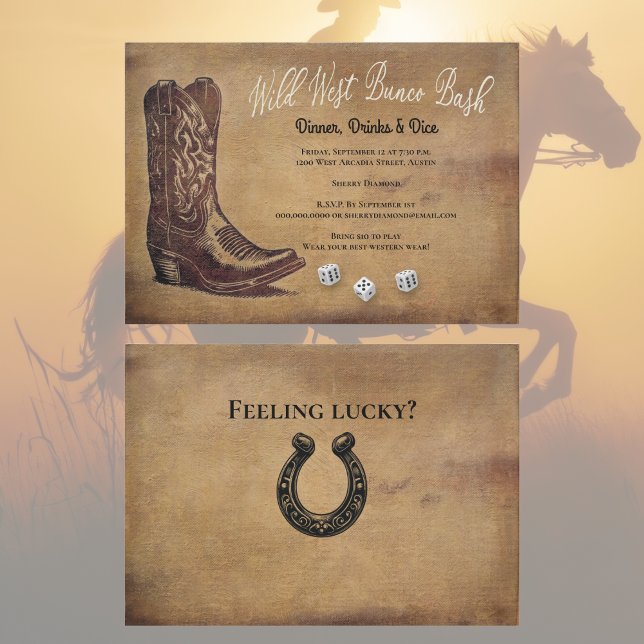 Convite Wild West Cowboy Boot Bunco (Bunco Invitation - Western themed for your favorite cowgirls and cowboys. Wild West Bunco Bash. )