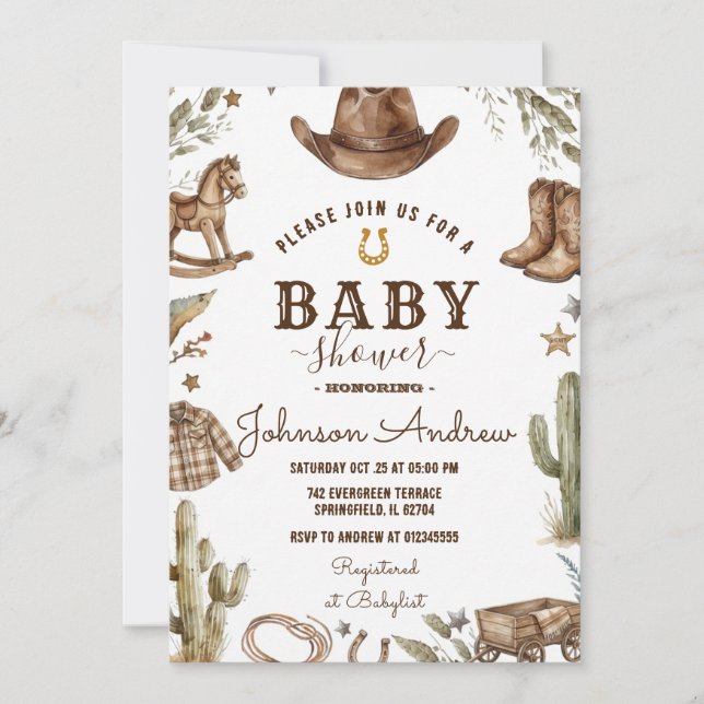 Convite Wild West Western Baby Shower Rodeo Boy (Frente)