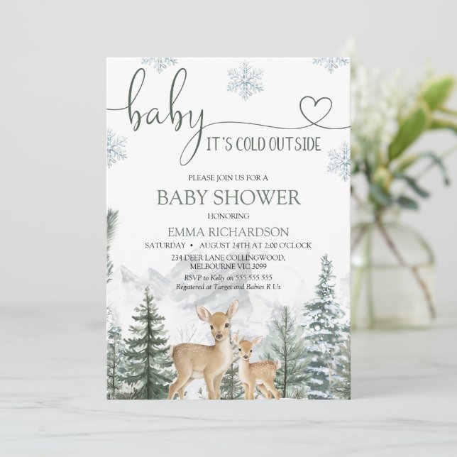 Convite Wilderness Deer Baby Its Cold Outside Baby Shower (Em pé/Frente)