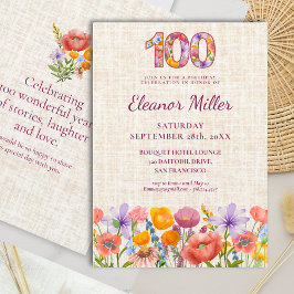 Convite Wildflower 100th Birthday Party - Floral Number