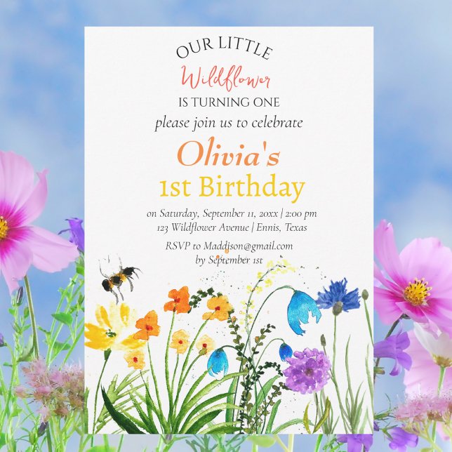 Convite Wildflower 1rua Primeiro Aniversário Vermelho Azul (Criador carregado)