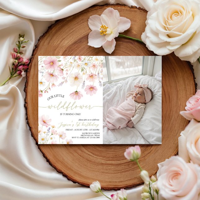 Convite Wildflower 1st Birthday Photo Invitation (Criador carregado)