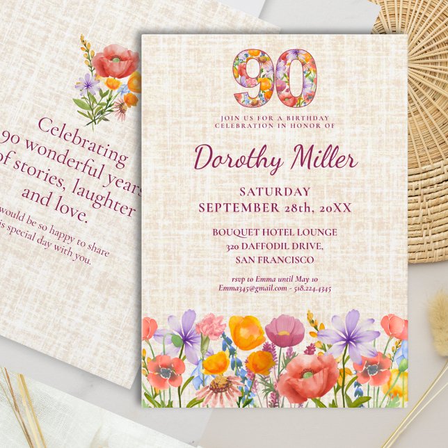 Convite Wildflower 90th Birthday - Floral Number Party (Criador carregado)