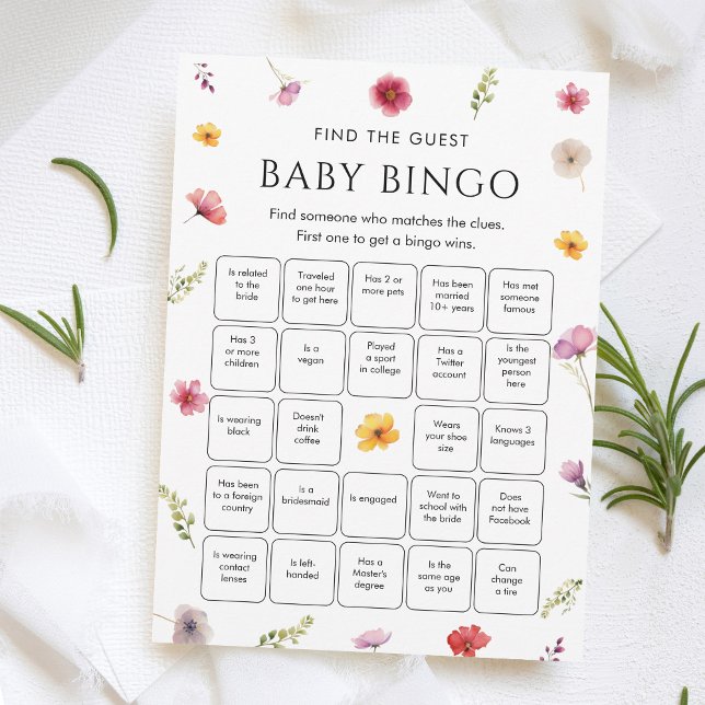 Convite Wildflower Baby Shower Find the Guest Bingo Game  (Criador carregado)
