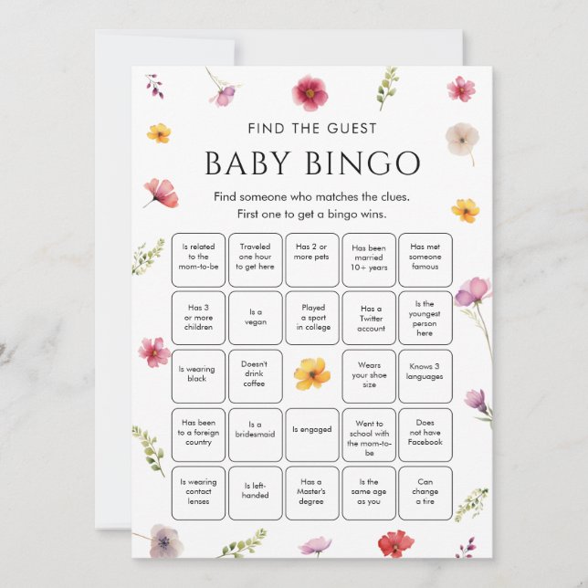 Convite Wildflower Baby Shower Find the Guest Bingo Game  (Frente)