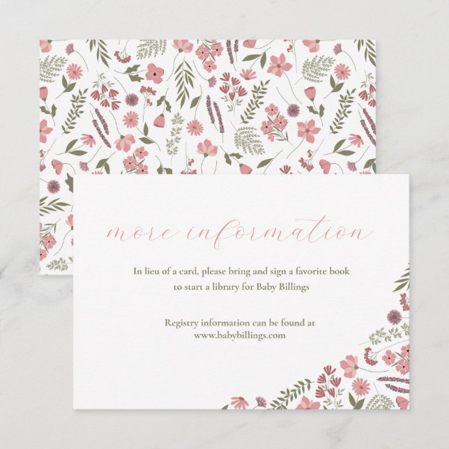 Convite wildflower baby shower invitation insert - pink (Frente/Verso)