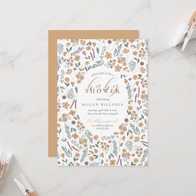 Convite wildflower baby shower invitation - light orange (Frente/Verso In Situ)