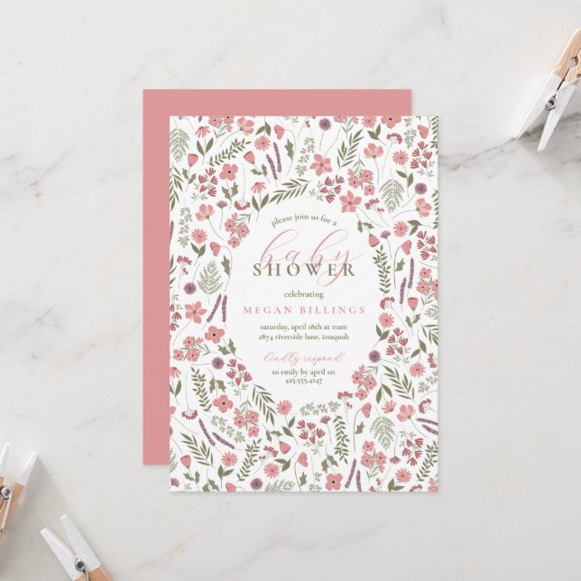 Convite wildflower baby shower invitation - pink (Frente/Verso In Situ)