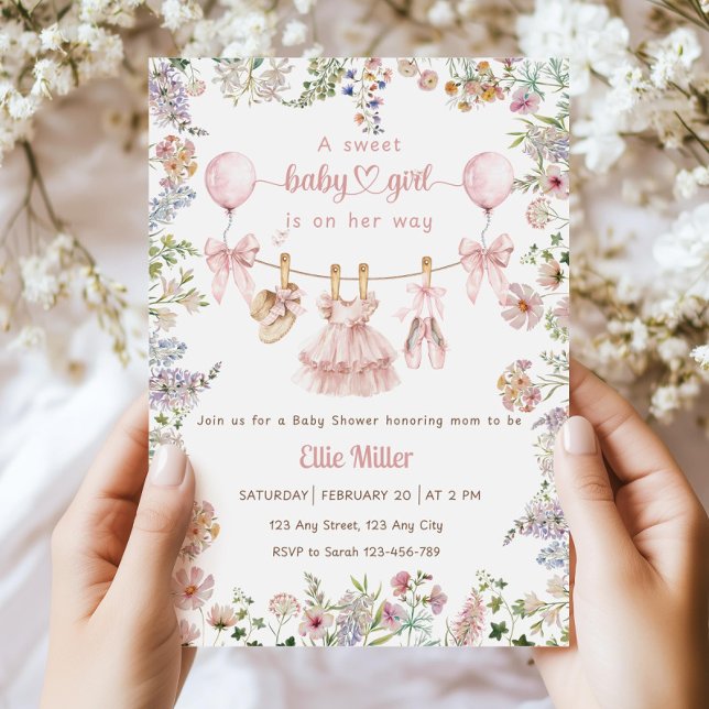 Convite Wildflower Baby Shower Invitation, Pink Bow Floral (Criador carregado)