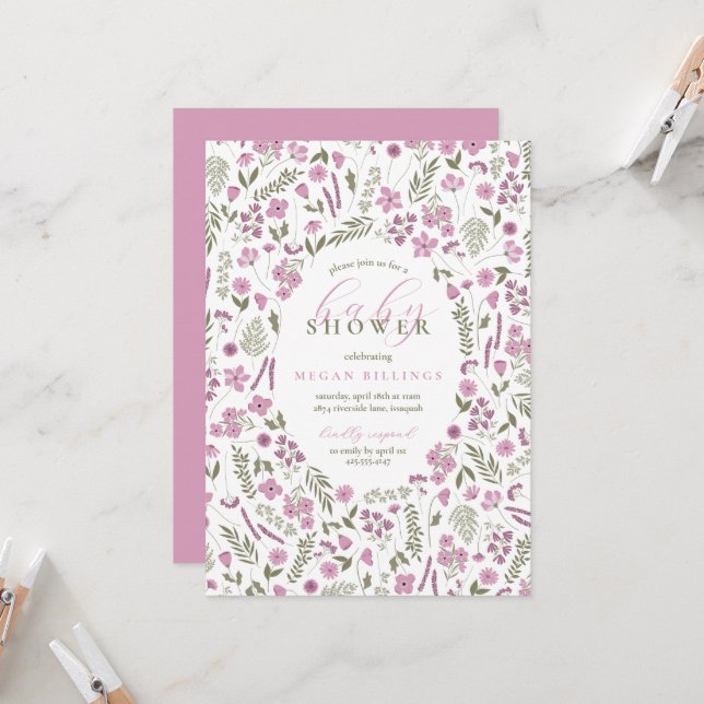 Convite wildflower baby shower invitation - purple (Frente/Verso In Situ)