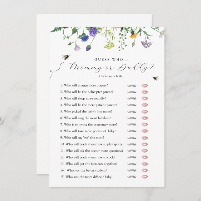 Convite Wildflower Bee Adivinha Quem Joga Chá de fraldas (Frente/Verso)