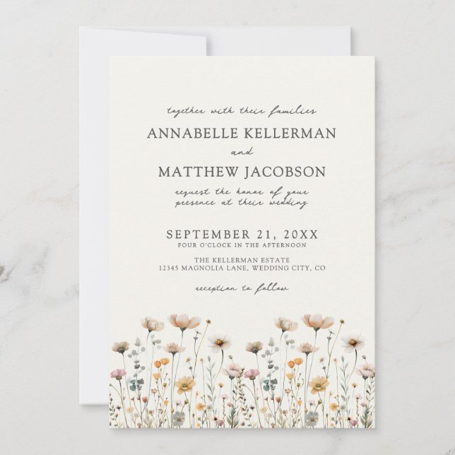 Convite Wildflower Beige Boho Floral Wedding (Frente)
