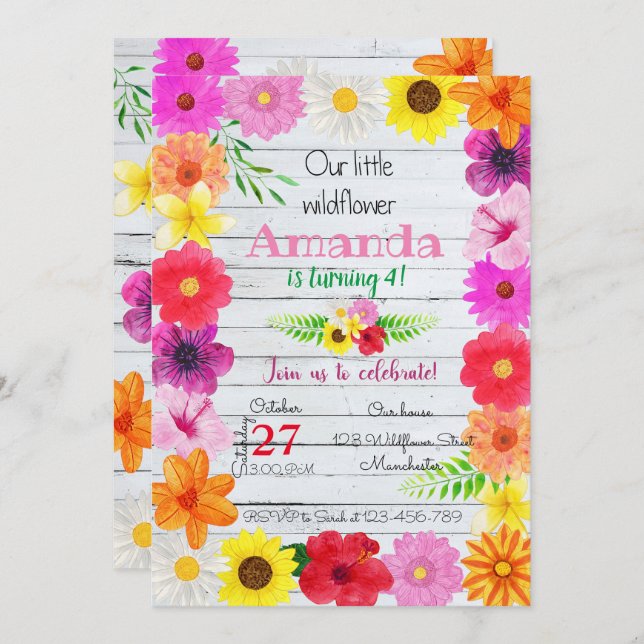 Convite Wildflower Birthday Invitation, Flower Invite (Frente/Verso)