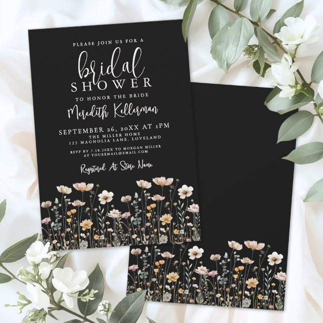 Convite Wildflower Black Elegant Bridal Shower (Wildflower Black Elegant Bridal Shower Invitation)