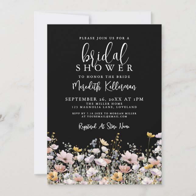 Convite Wildflower Black Floral Bridal Shower (Frente)
