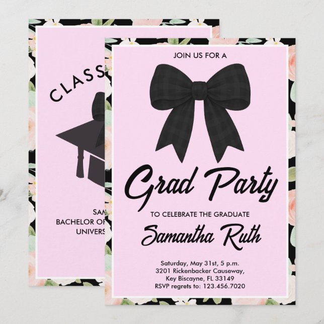 Convite Wildflower Black Gingham Bow Graduation Party (Frente/Verso)