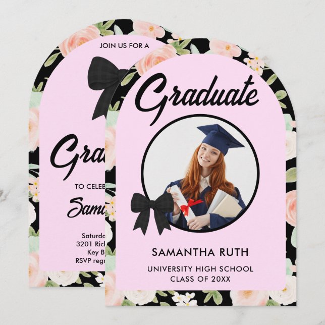 Convite Wildflower Black Gingham Bow Photo Graduation (Frente/Verso)