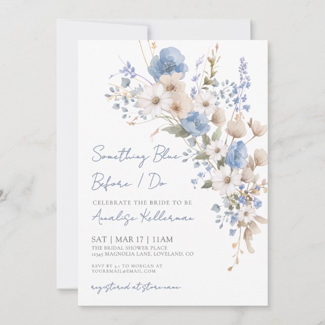 Convite Wildflower Blue Floral Bridal Shower (Frente)