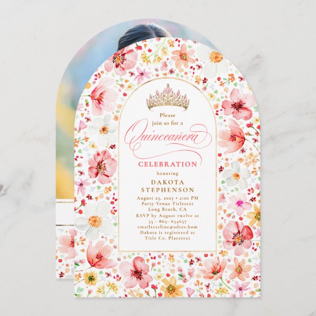 Convite Wildflower Blush Floral Garden Quinceanera Photo (Frente/Verso)