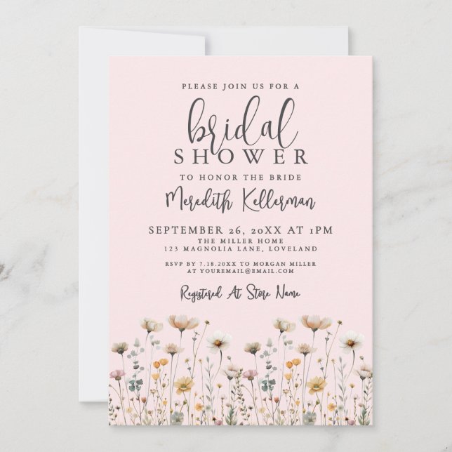 Convite Wildflower Blush Pink Bridal Shower (Frente)