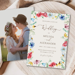 Convite Wildflower boho beige photo Wedding Invitation