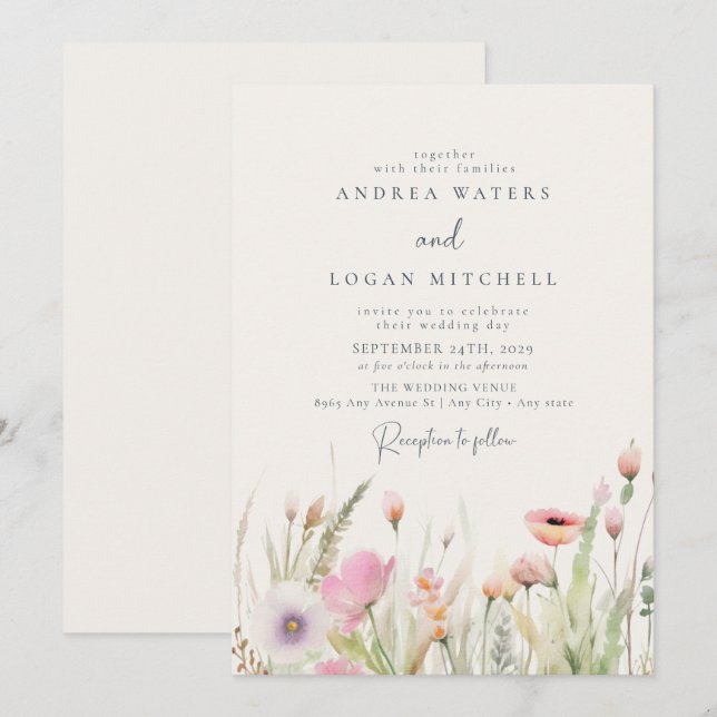 Convite Wildflower Boho Chic Wedding (Frente/Verso)