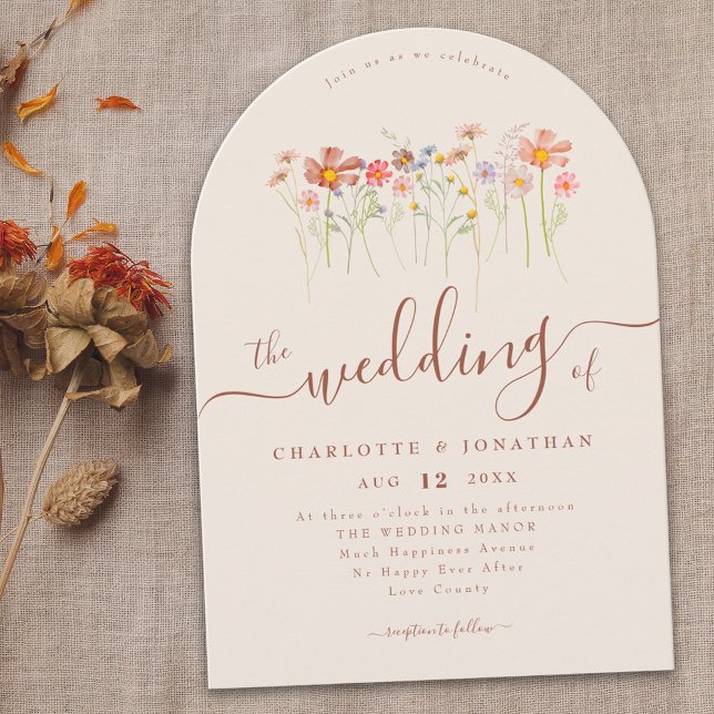 Convite Wildflower Boho Fall Beige Terracotta Rust QR code (Wildflower meadow boho fall floral beige terracotta Wedding arch invitation elegant modern script )