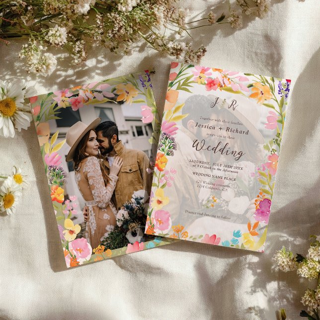 Convite Wildflower Boho garden summer floral photo wedding (Wildflower Boho garden summer floral photo wedding Invitation)