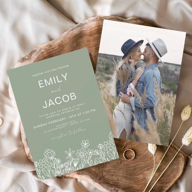 Convite Wildflower Boho Photo Sage Green Wedding (Criador carregado)