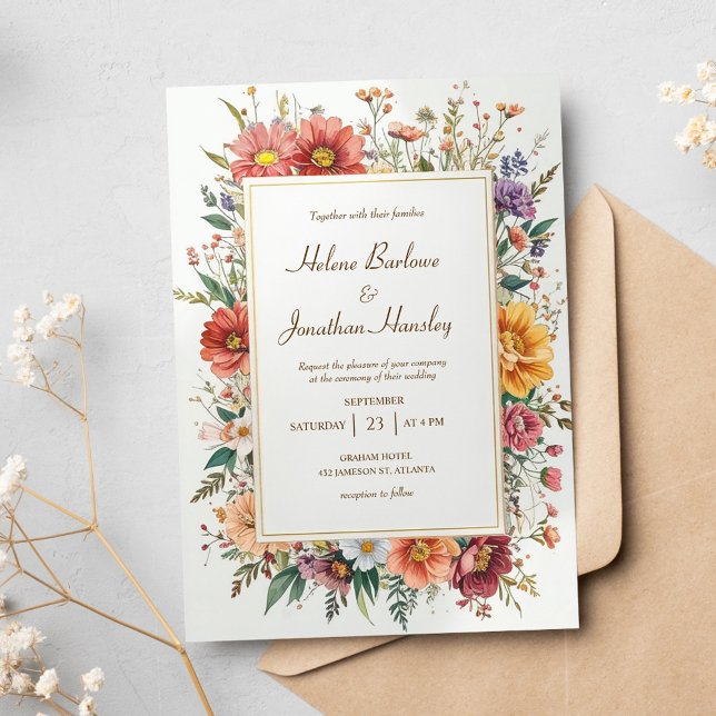 Convite Wildflower Boho Vintage Casamento Elegante (Wildflower Floral Boho Vintage Elegant Wedding Invitation)